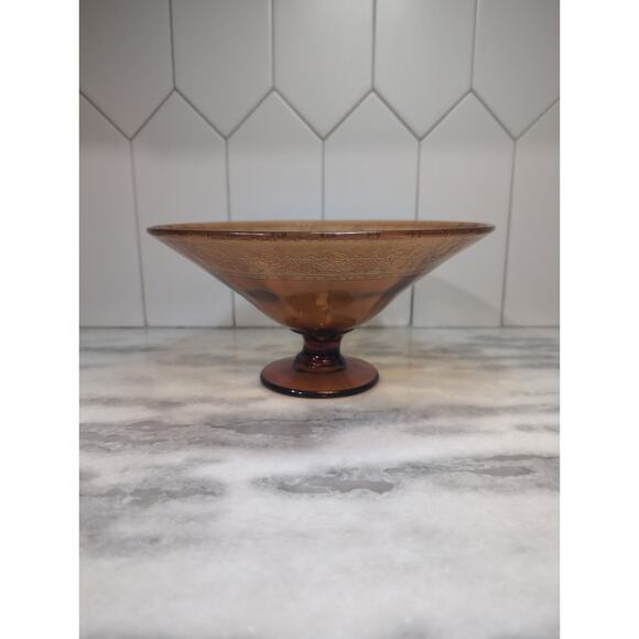 Amber‎ Glass Pedestal Bowl with Etched Edge, Floral Design, Vintage Centerpiece - Picture 8 of 10